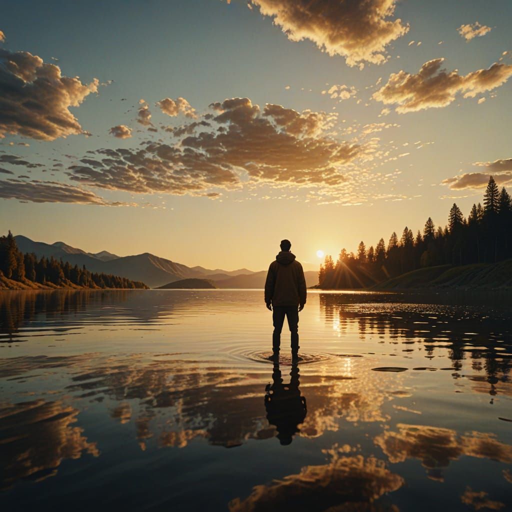 Surreal Lakeshore Reflection at Golden Hour