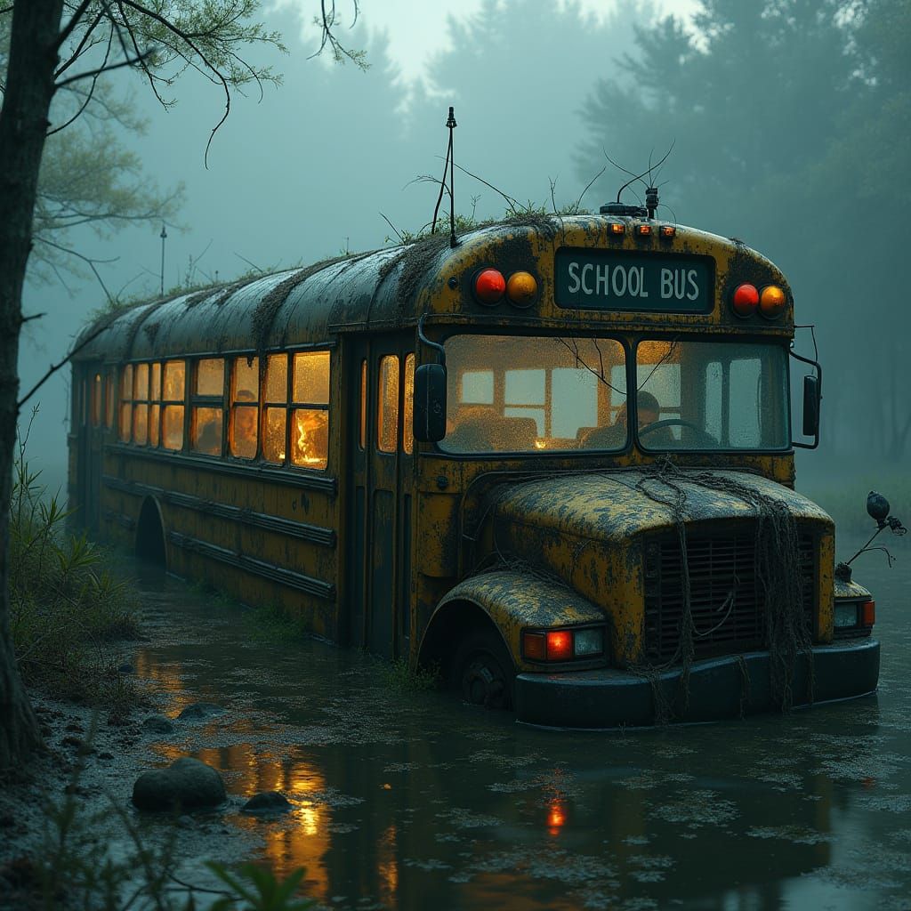 Abandoned School Bus in Decaying Swamp Ecosystem