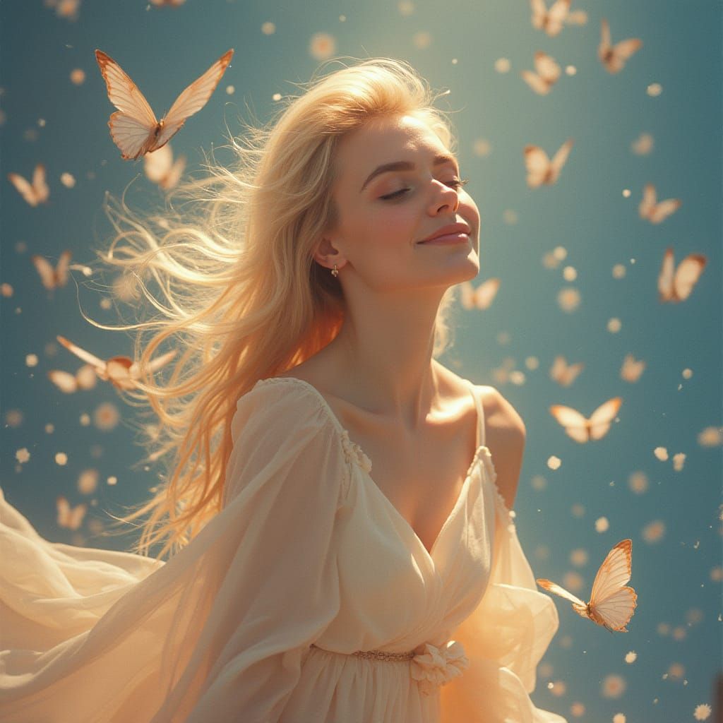 Woman with Butterflies in Dreamy Pastel Style