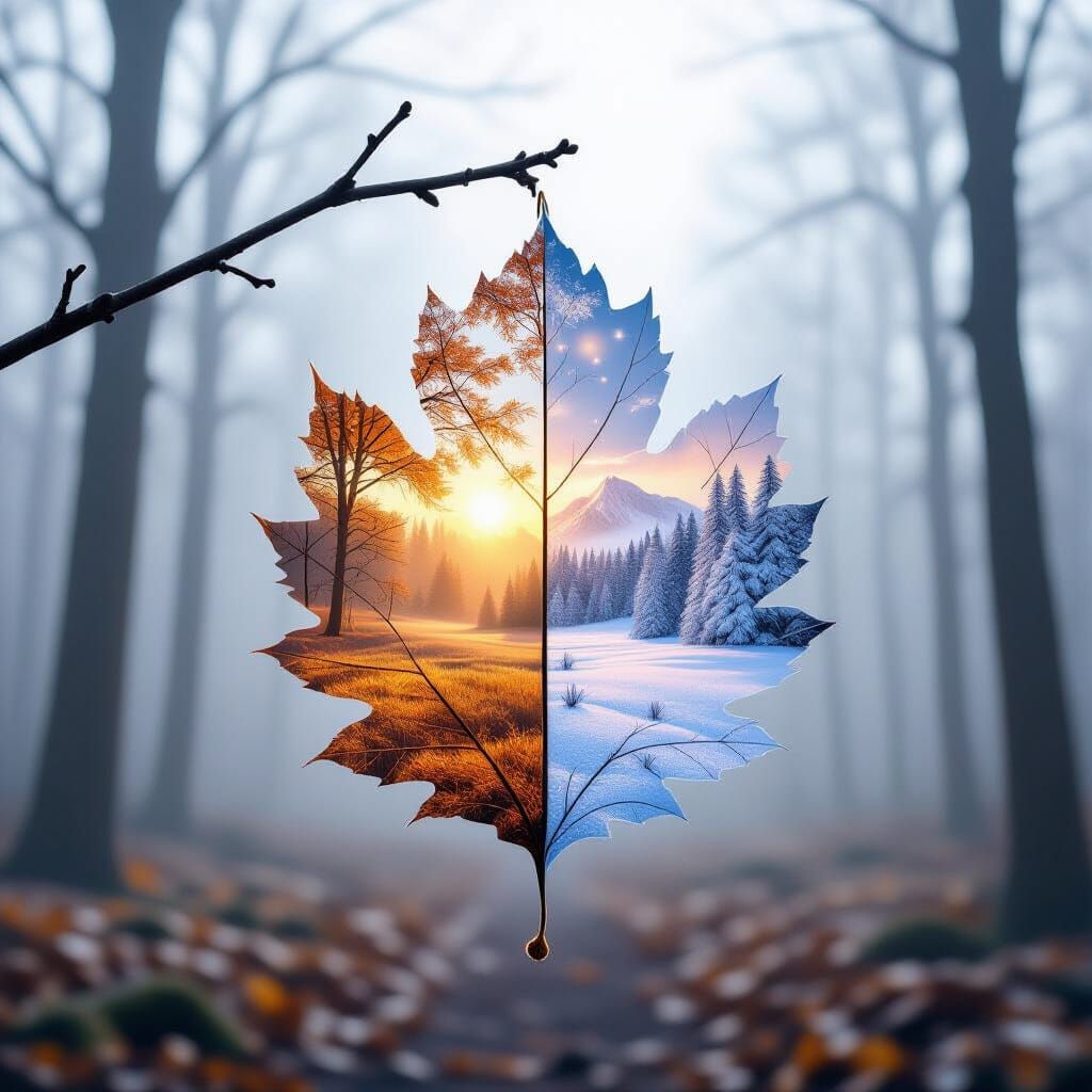 Surreal Leaf: Autumn Meets Winter in Foggy Forest