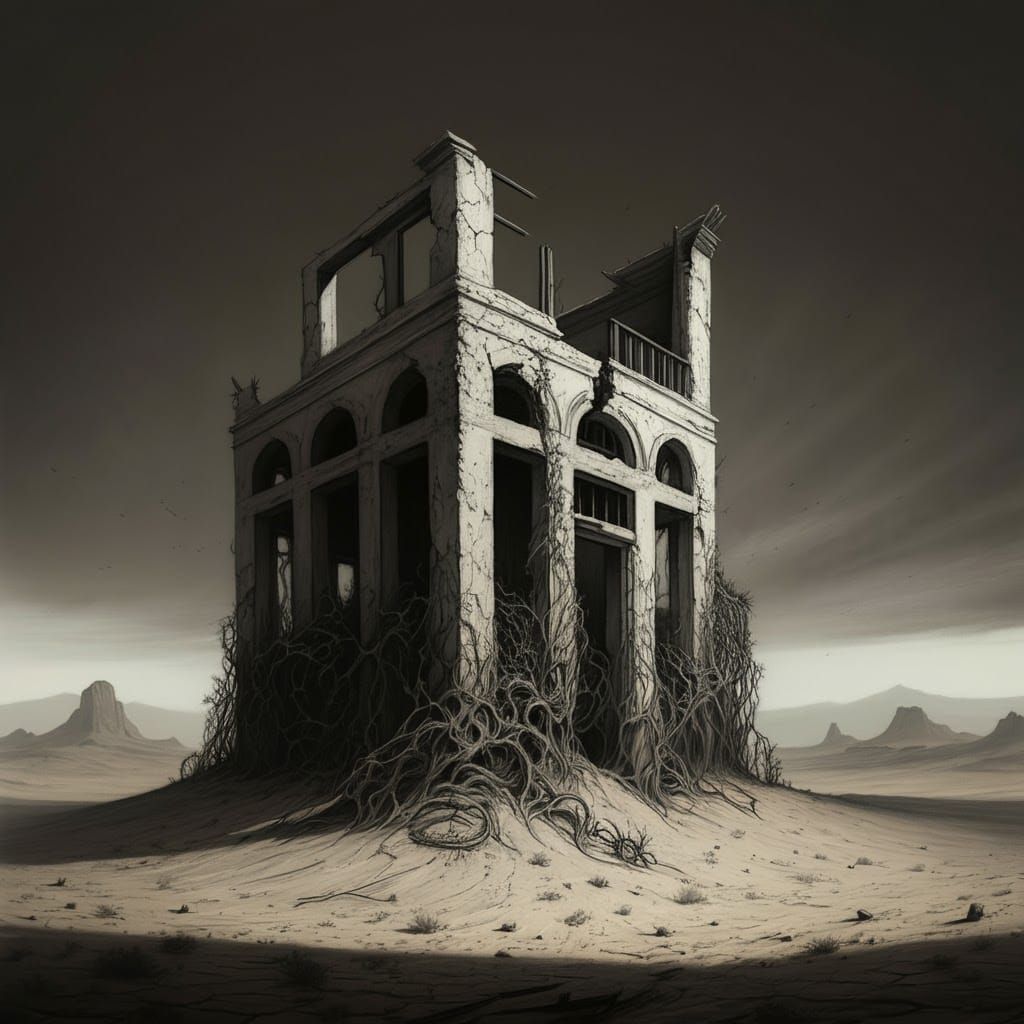 Deserted Structure in Arid Landscape, Charcoal Drawing