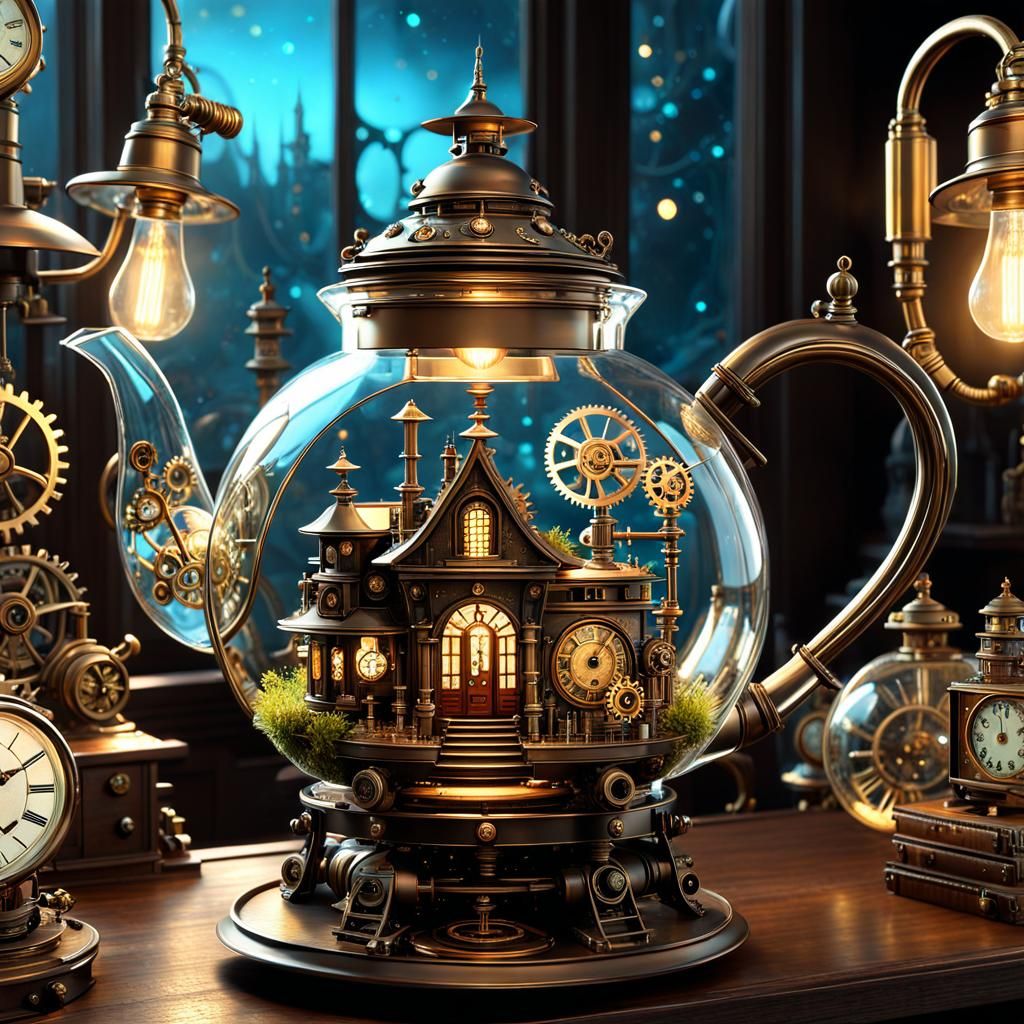 Steampunk Fairy Workshop in Glass Teapot, Digital Art