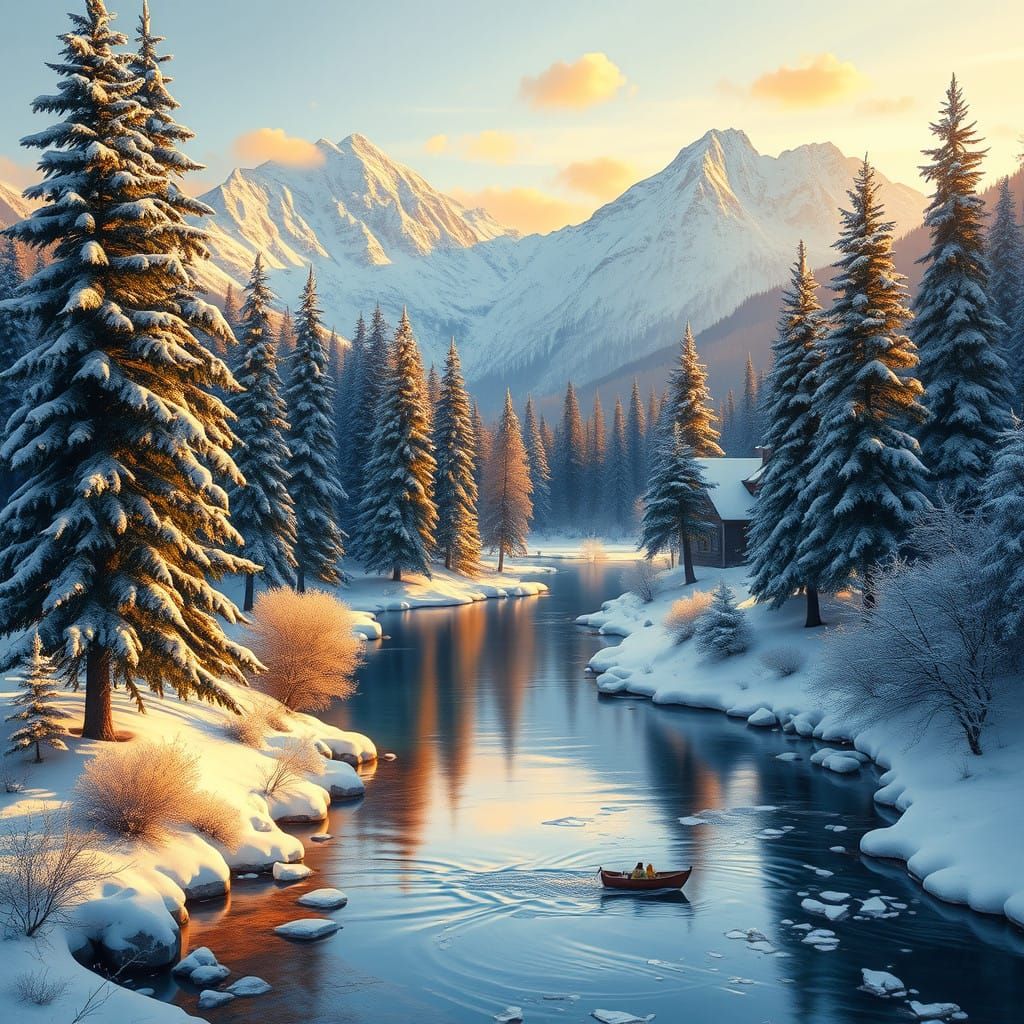Winter Serenity at Dawn with Majestic Mountain Peaks