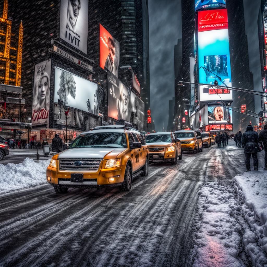 Snowy Times Square in Hyperrealistic Detail
