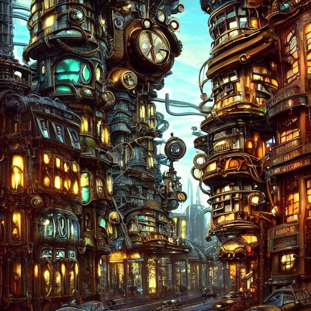 Biomechanical Metropolis Main Street in Steampunk Style