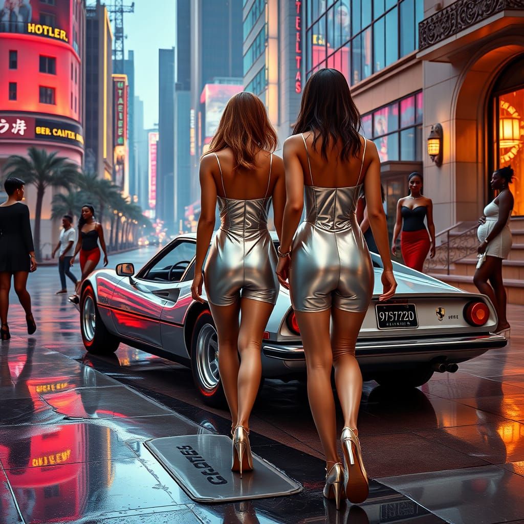 Elegant Women Enter a Classic Ferrari in a Futuristic City