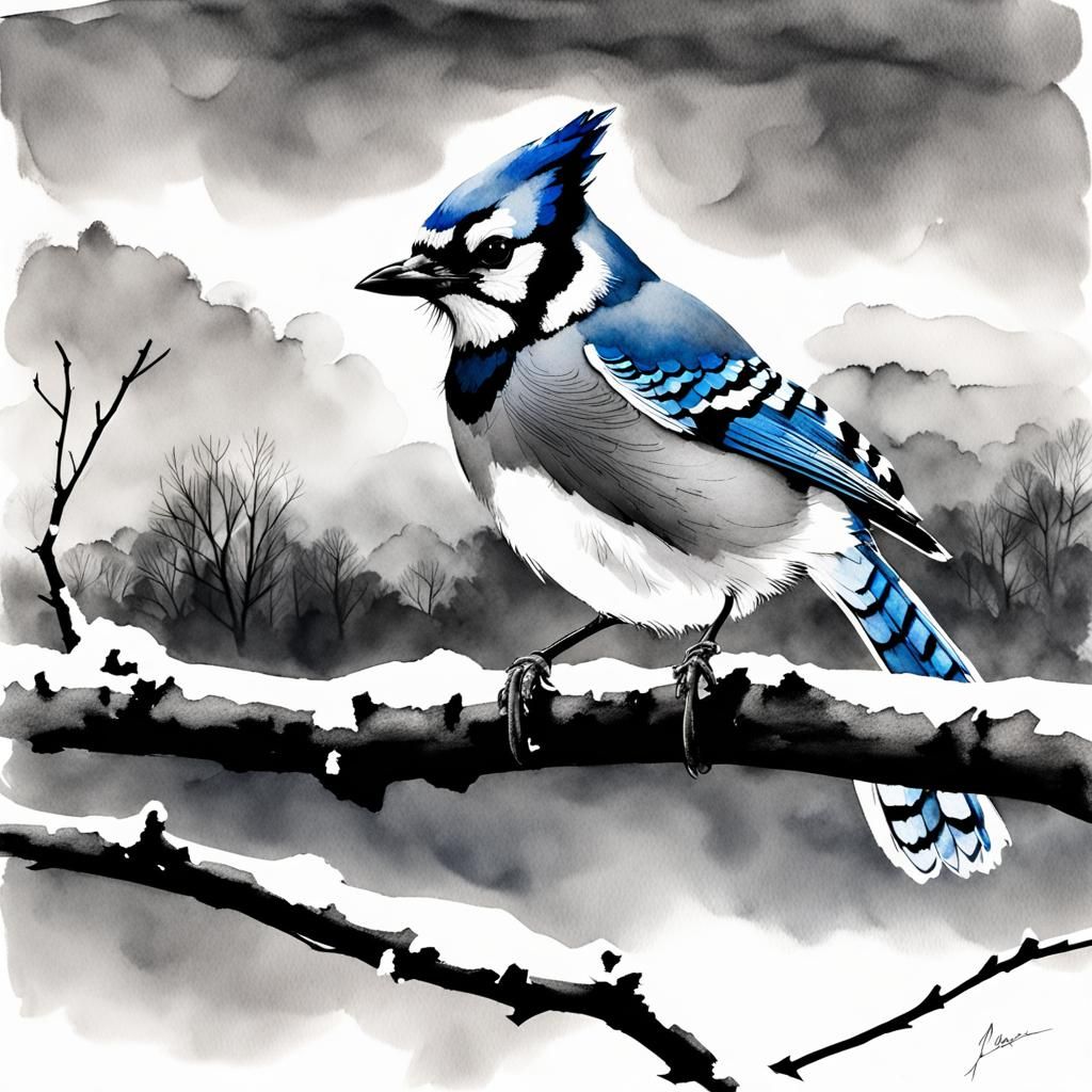 Blue Jay Portrait in Monochrome Ink and Wash Style