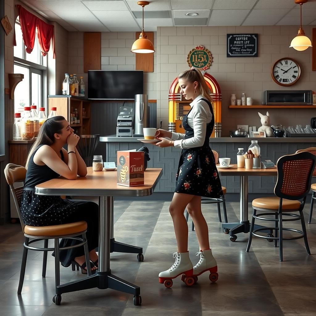 a girl working in a coffee shop on roller skates. serving co...