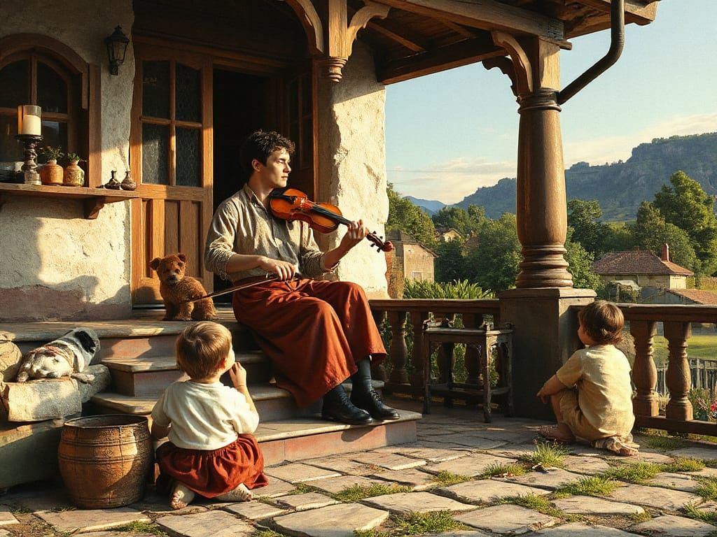 Gothic Gypsy Family Gathering with Dog and Fiddle Player