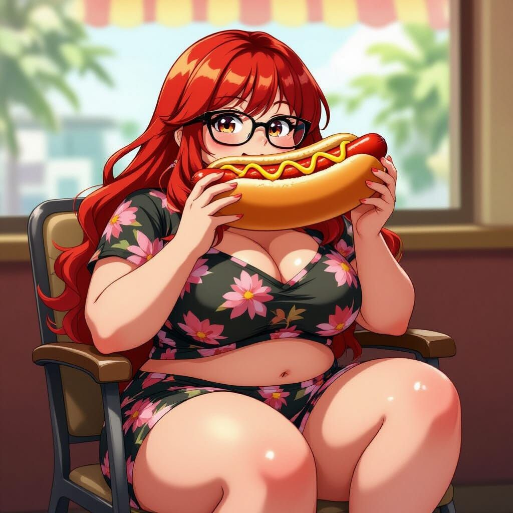 Voluptuous Anime Woman Eating Hotdog in Manga Style
