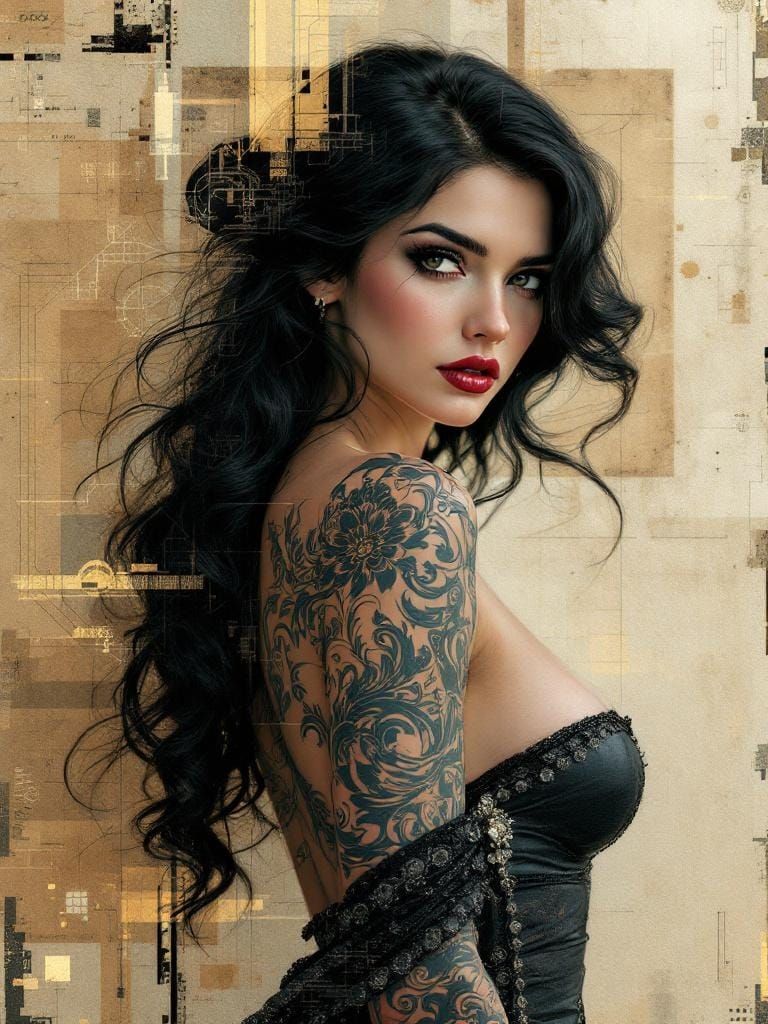 Engraved Pin-Up with Glitch Art Tattoo