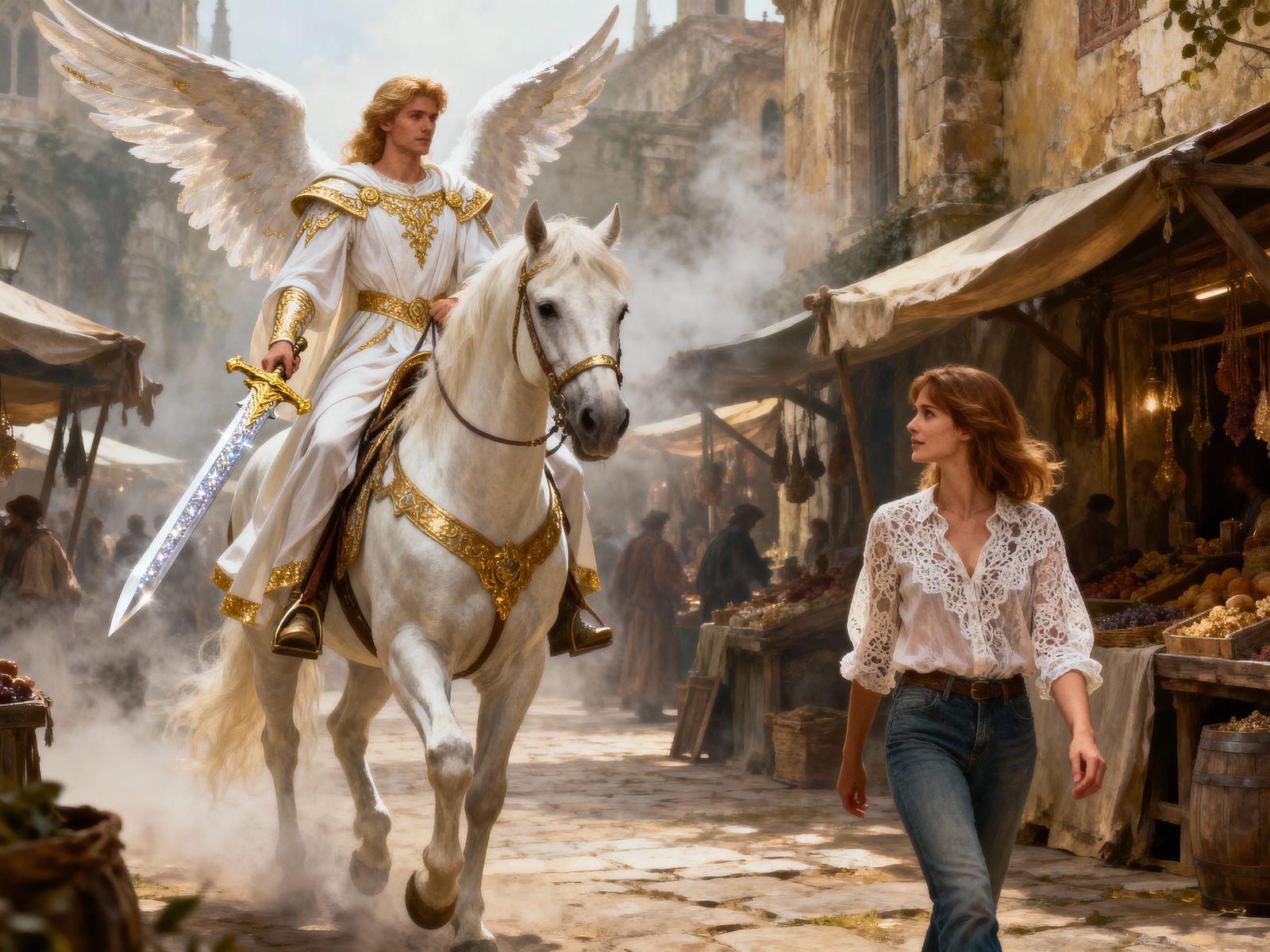 Angel Guards Woman in Ancient Marketplace, Ethereal Fantasy