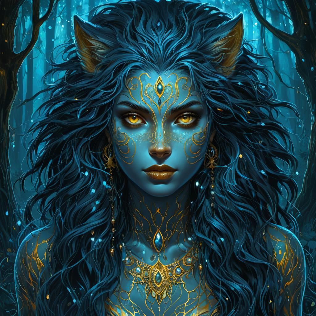 Beautiful Werewolf Woman in Bioluminescent Forest