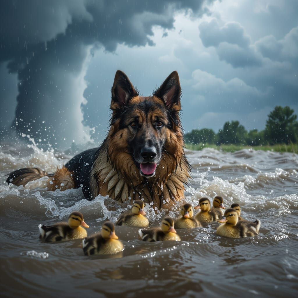 Dog and Ducklings in Raging Tornado Flood