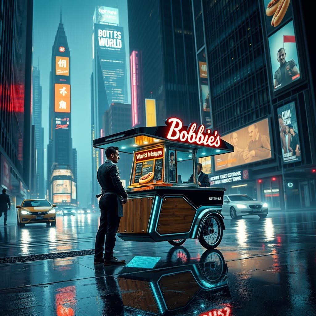 A futuristic dark city street lit only by bright neon Signag...