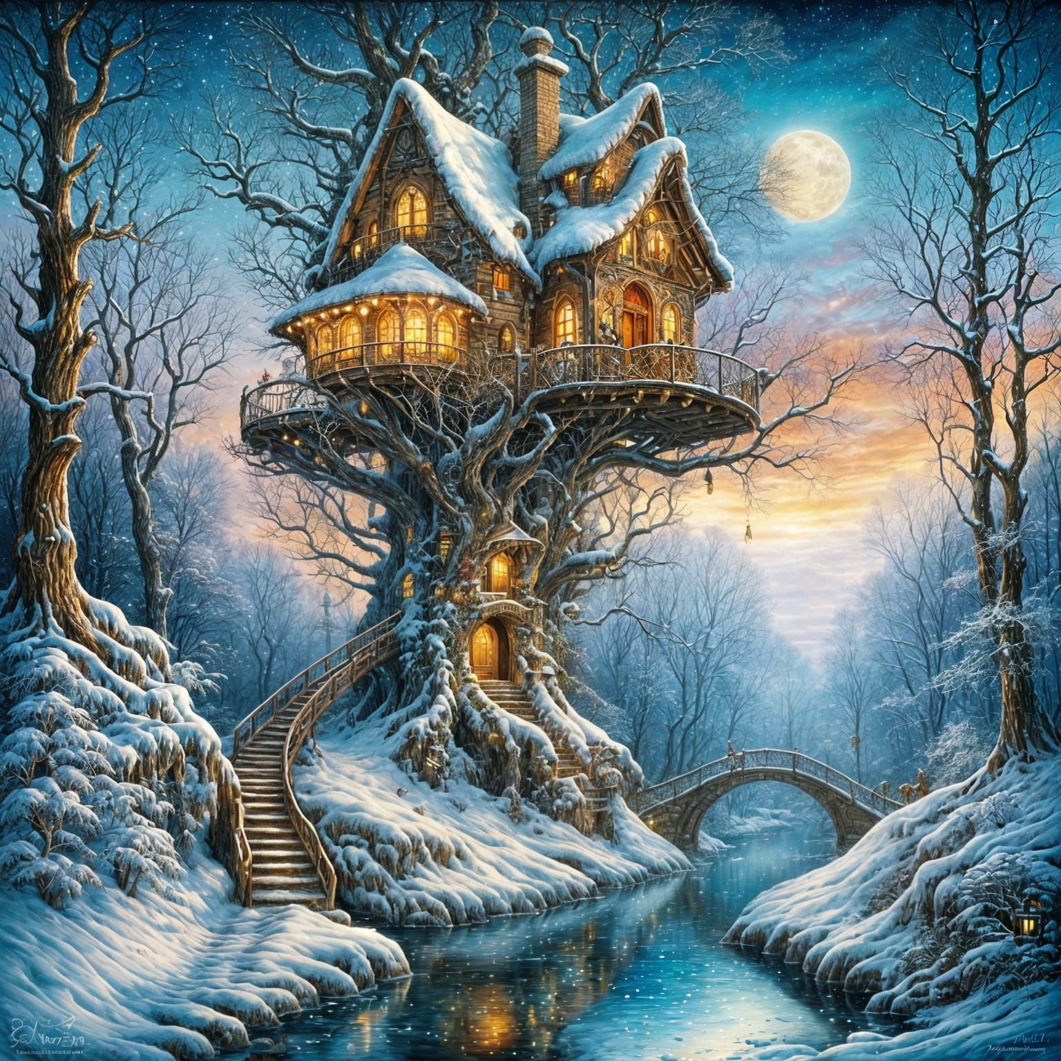 Charming Treehouse in Snowy Forest at Golden Hour