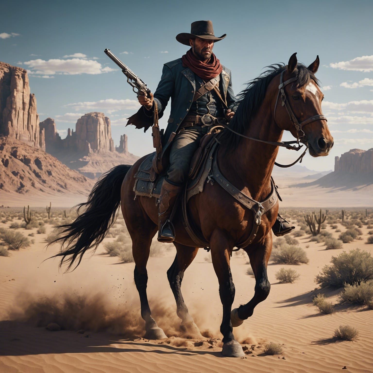 a angry outlaw with a gunslinger in a desert with a horse