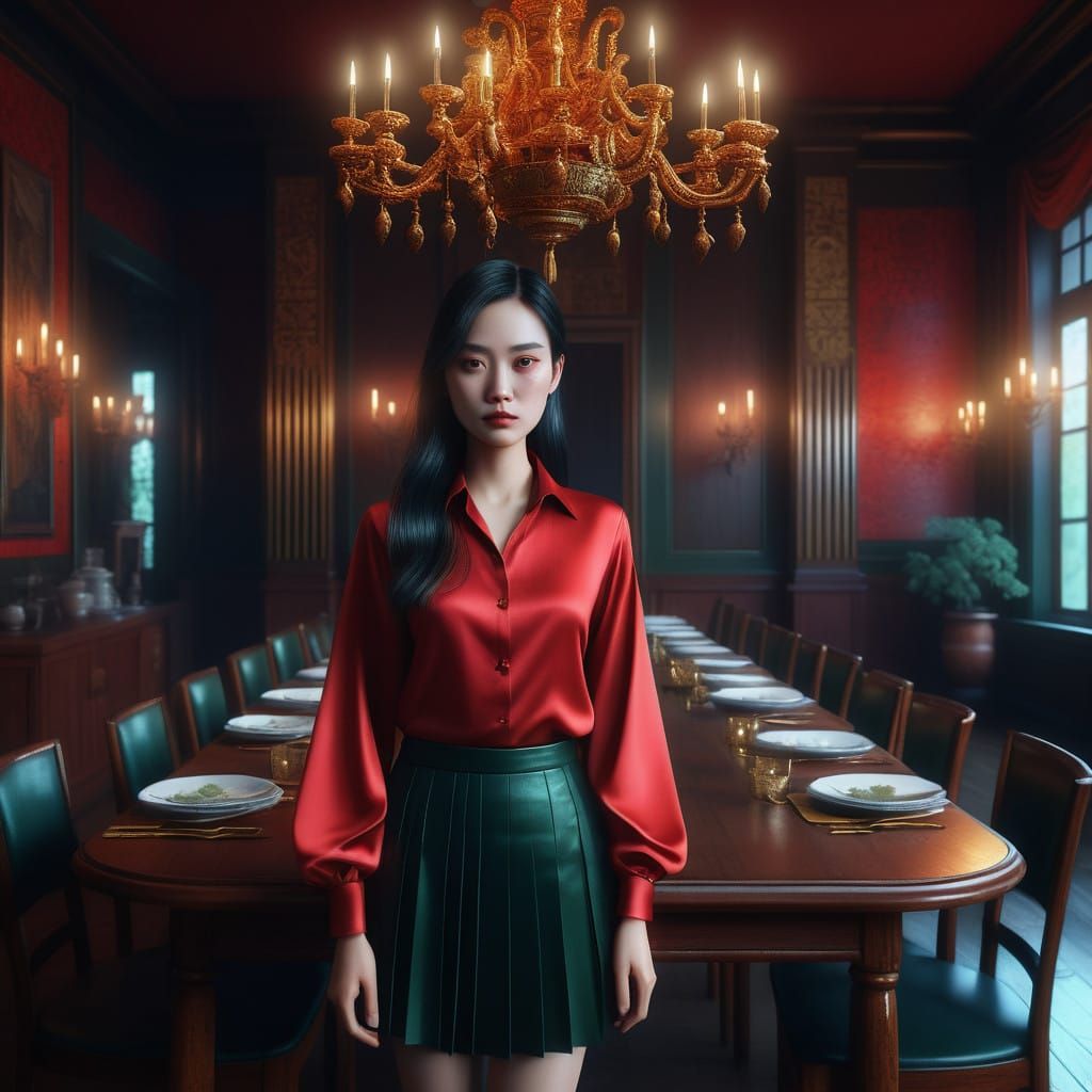 Feminine Dracula in Grand Dining Hall, Inspired by Beksiński...