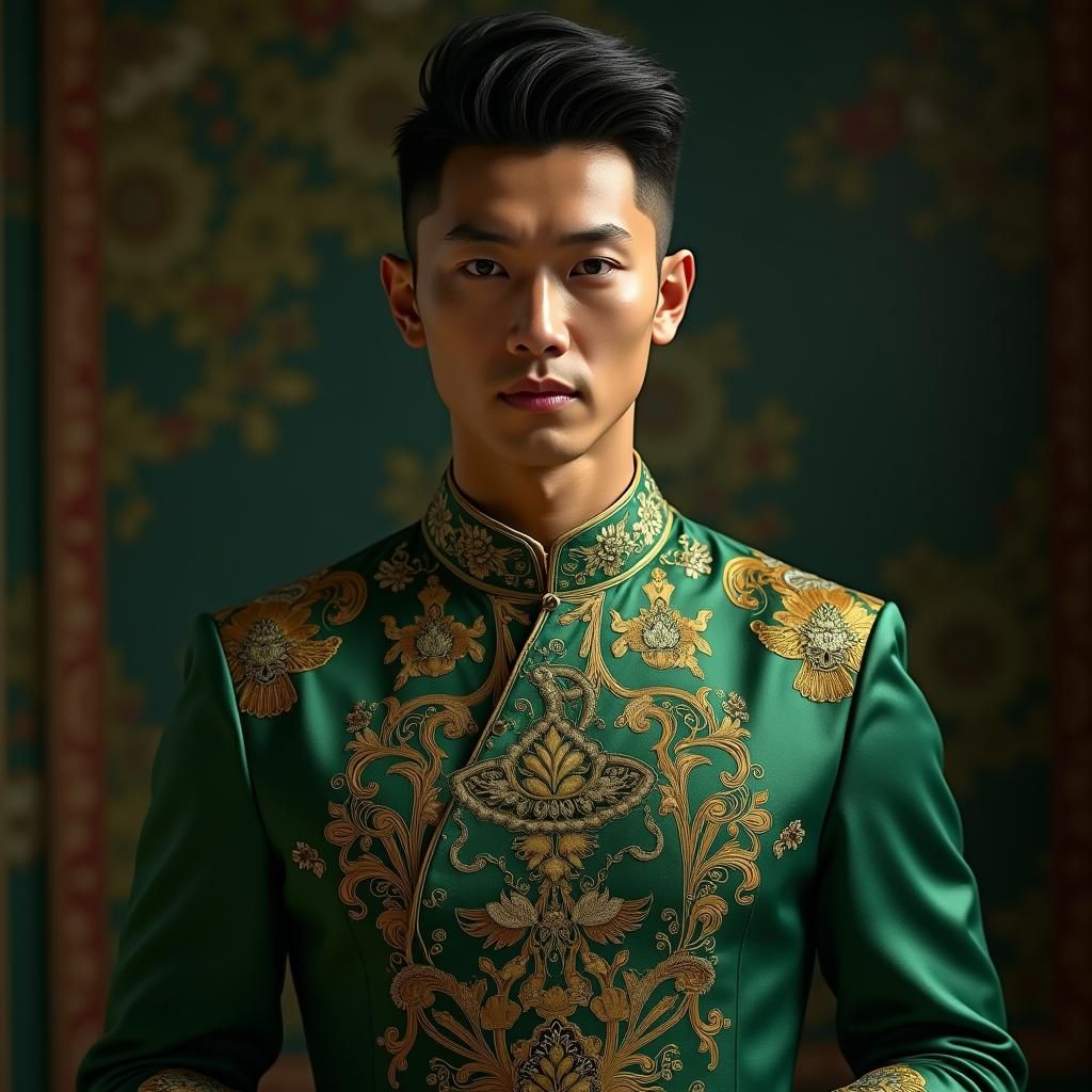 Asian Man in Green and Gold, Digital Art