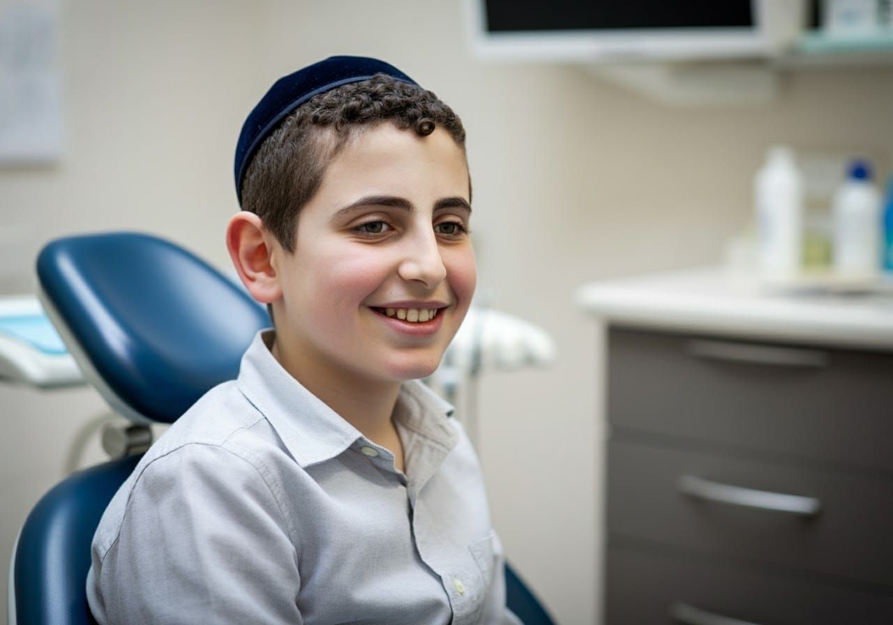 Ultra-Orthodox Boy Smiling in Dental Clinic Portrait