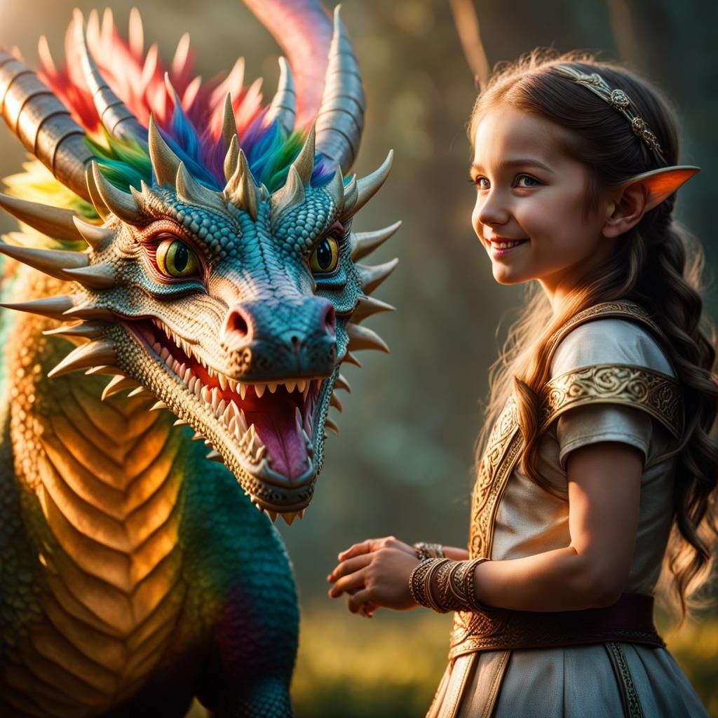 Friendly Rainbow Dragon and Elf Girl, Realistic Photography
