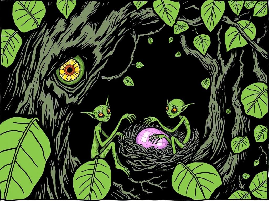 Surreal Goblin Family Portrait in Whimsical Cartoon Style