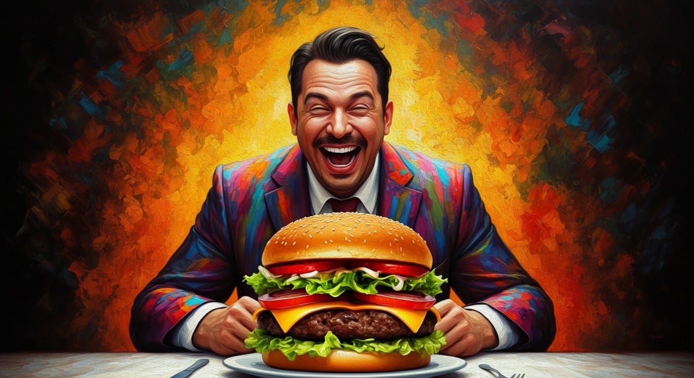 Laughing Man with Huge Hamburger, Expressionist Oil Painting