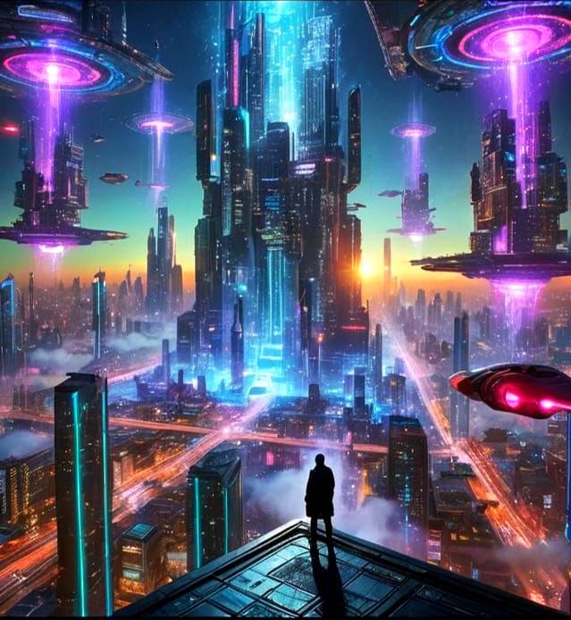Futuristic Cyberpunk Cityscape with Glowing Skyscrapers
