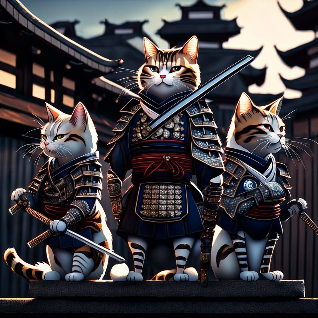 Samurai Cyborg Cats on Japanese Rooftop at Night
