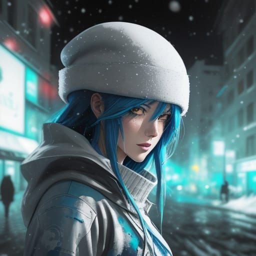 Anime Woman in Snowy Neo City, Watercolour Style