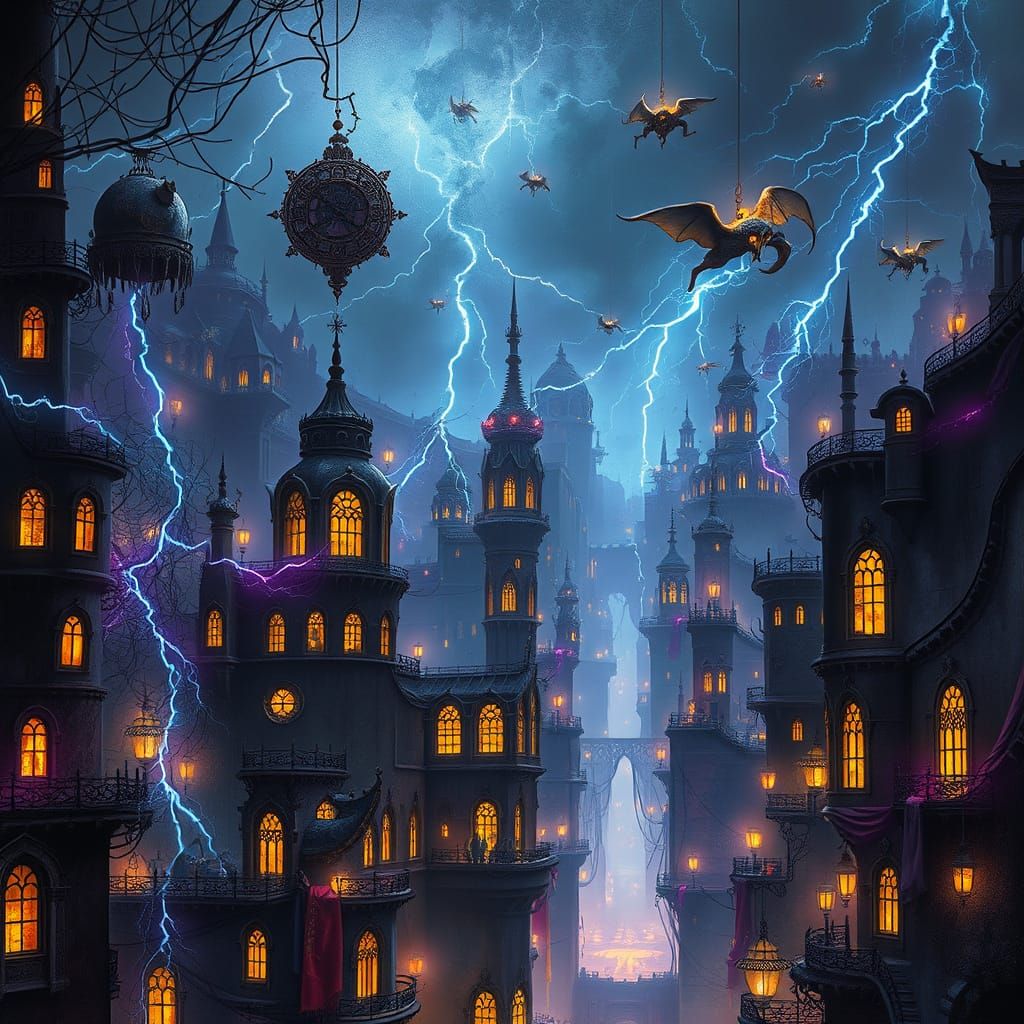 Glowing Cityscape Under Electric Blue Lightning