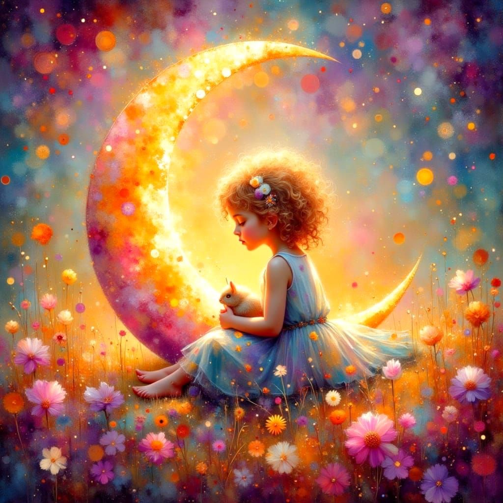 Girl on Moon with Bunny in Fractal Haze Oil Painting