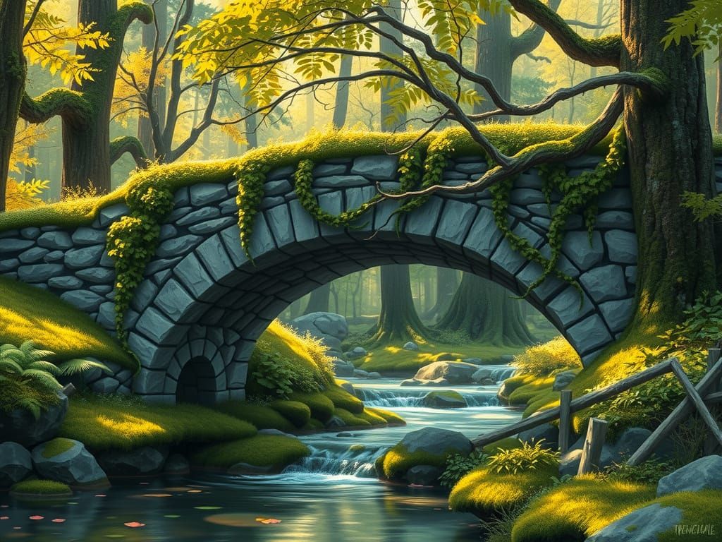 Mystical Stone Bridge in a Whimsical Forest Landscape