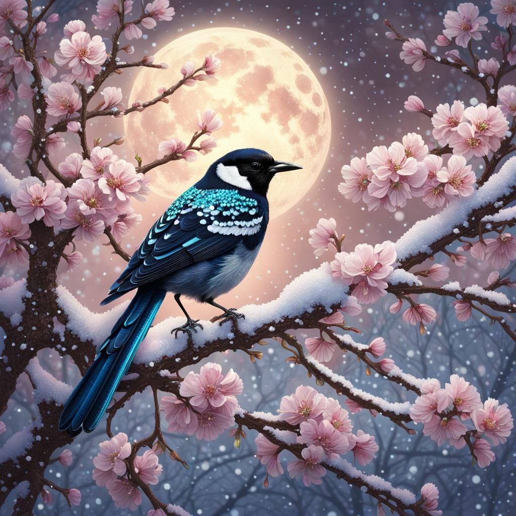 Jeweled Magpie on Cherry Blossoms in Moonlight