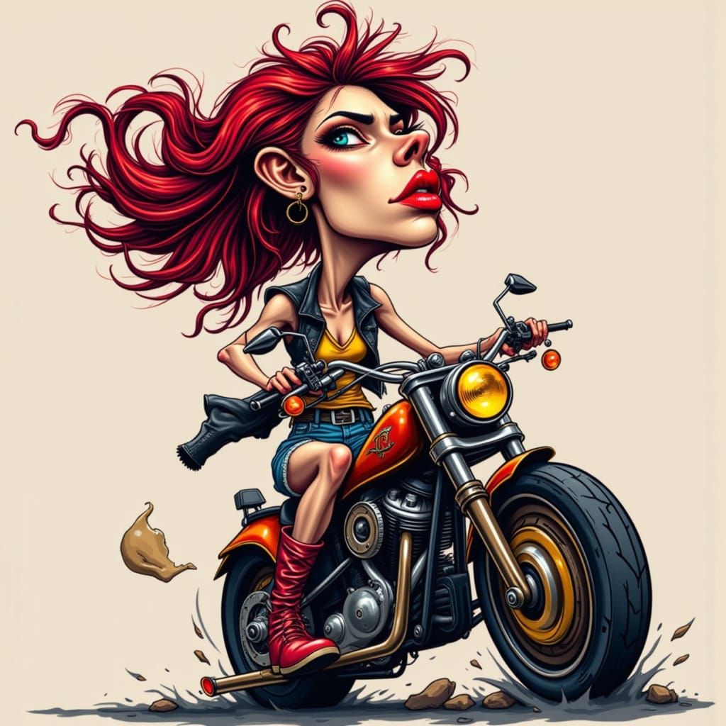 Punk Rocker Caricature on Ornate Motorcycle