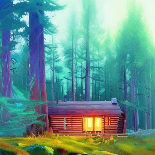 Colorful Cabin in the Woods Landscape