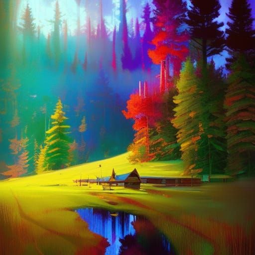 Colorful Cabin in Woods, Impressionist Style