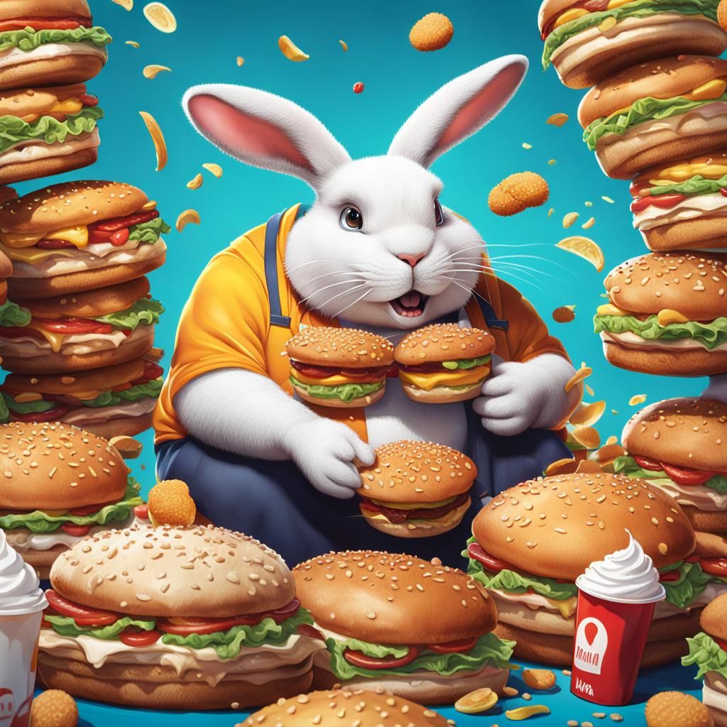 Fat Bunny Feast: Hyperrealistic Hamburger Muffin Meal