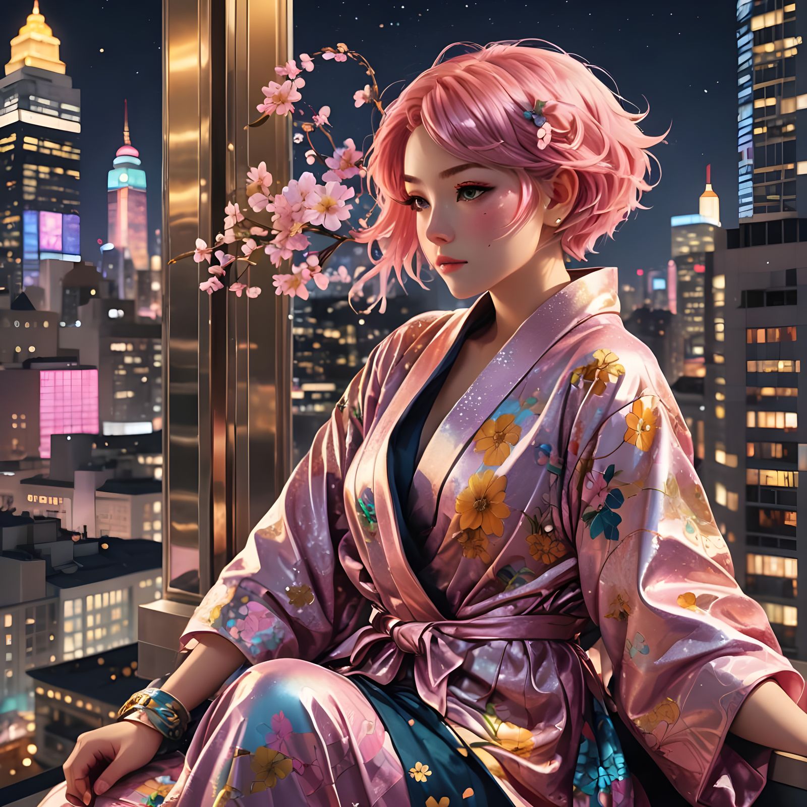 Anime Style Woman on Skyscraper Window at Night
