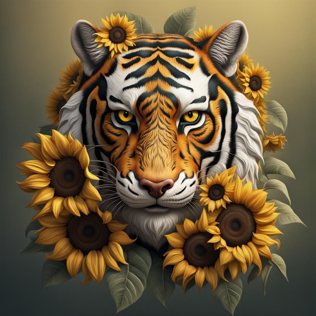Tiger with Sunflowers: Surreal 3D Concept Art