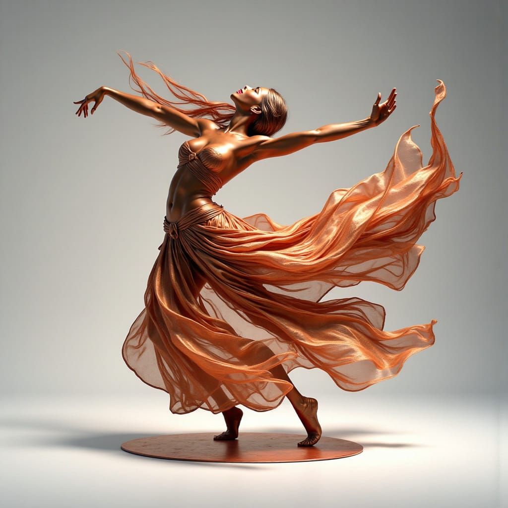 Copper Sculpture of Woman Dancing in Ink Wash Style