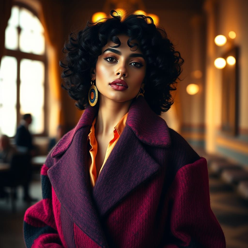 Elegant Model in Luxurious, Multicolored Coat and Soft Light...