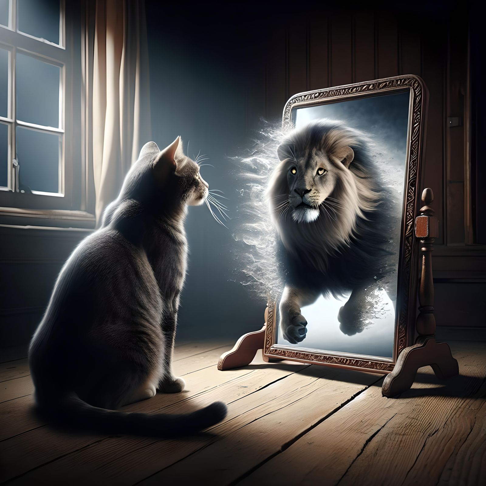 Cat and Lion Mirror Reflection, Digital Matte Painting