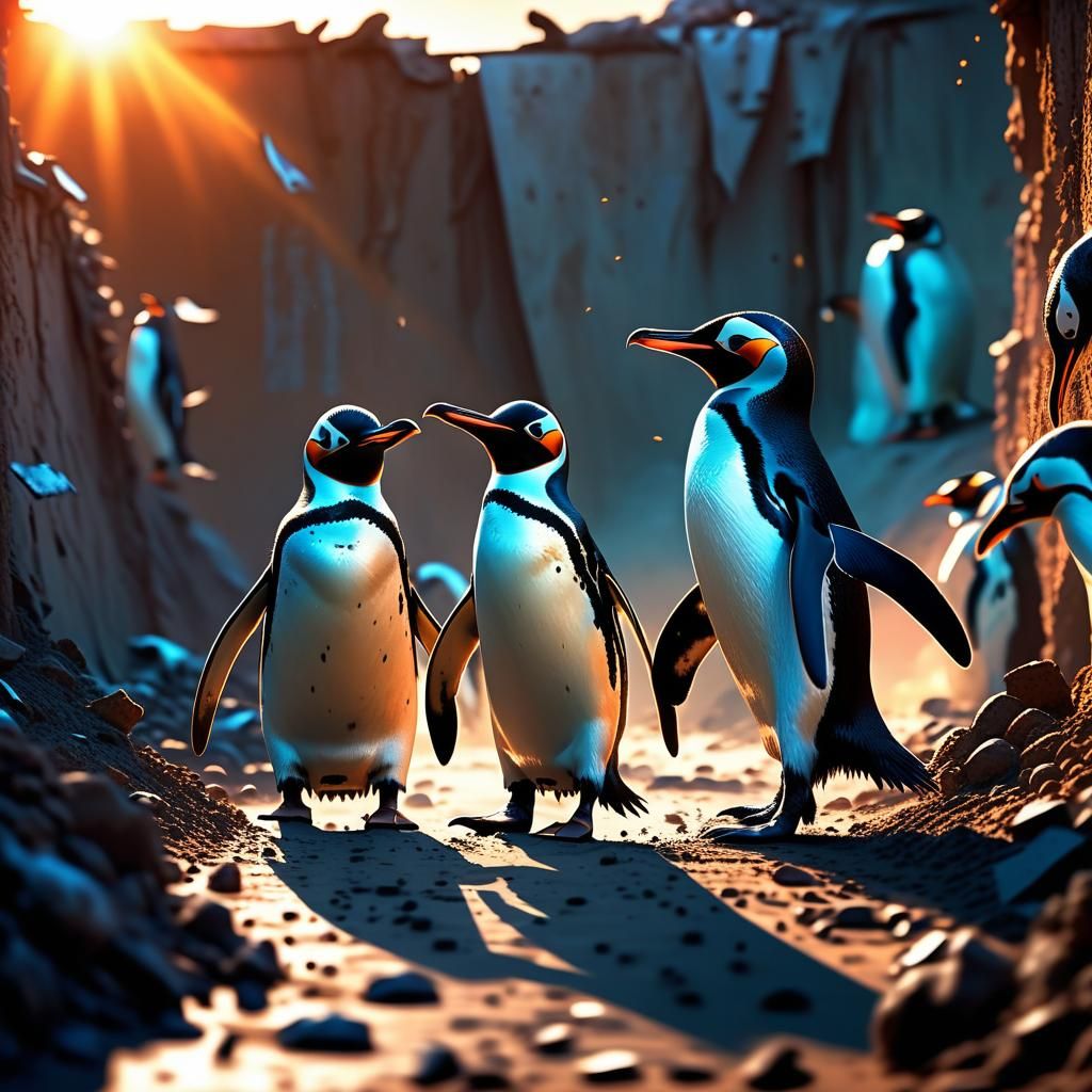 Penguins Feast in Trench: Stylized Digital Concept Art