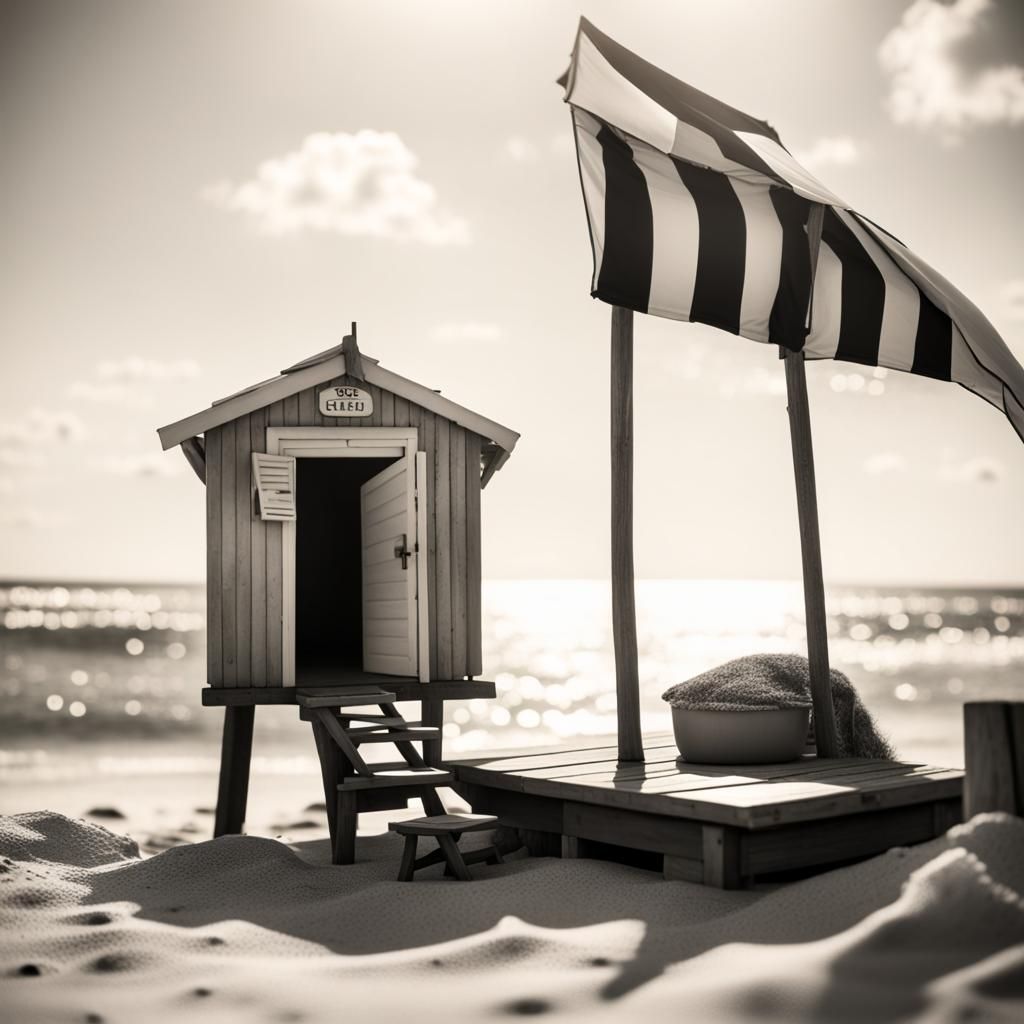 1930s Cartoon Beach Scene with Changing Hut