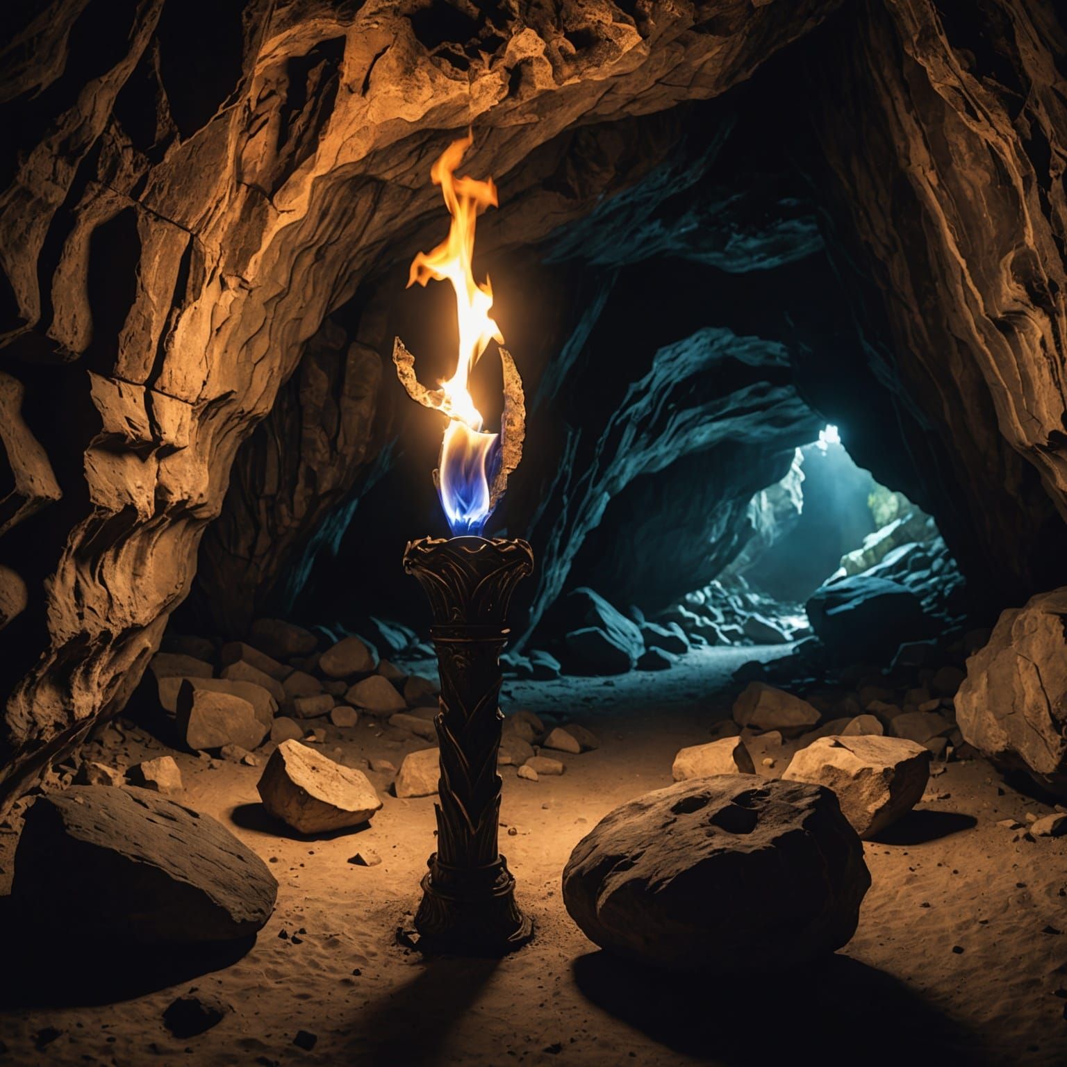 Torch Illuminates Cave Interior: Hyperrealistic Image