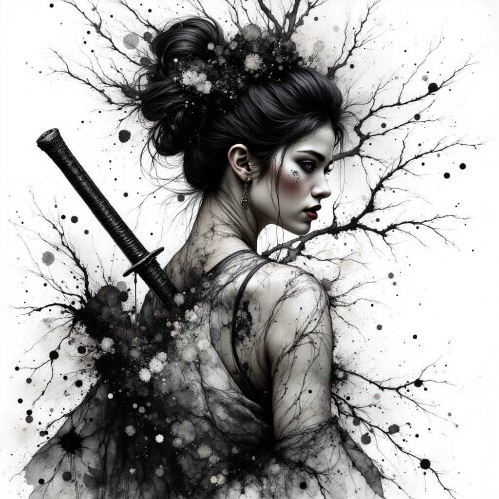 Geisha Warrior with Katana in Expressive Ink Style