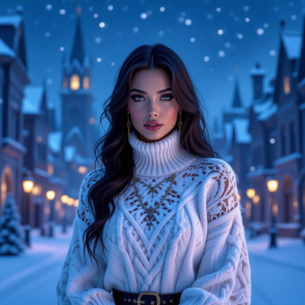 Gothic Woman in Snowy City Square, Fantastical Architecture