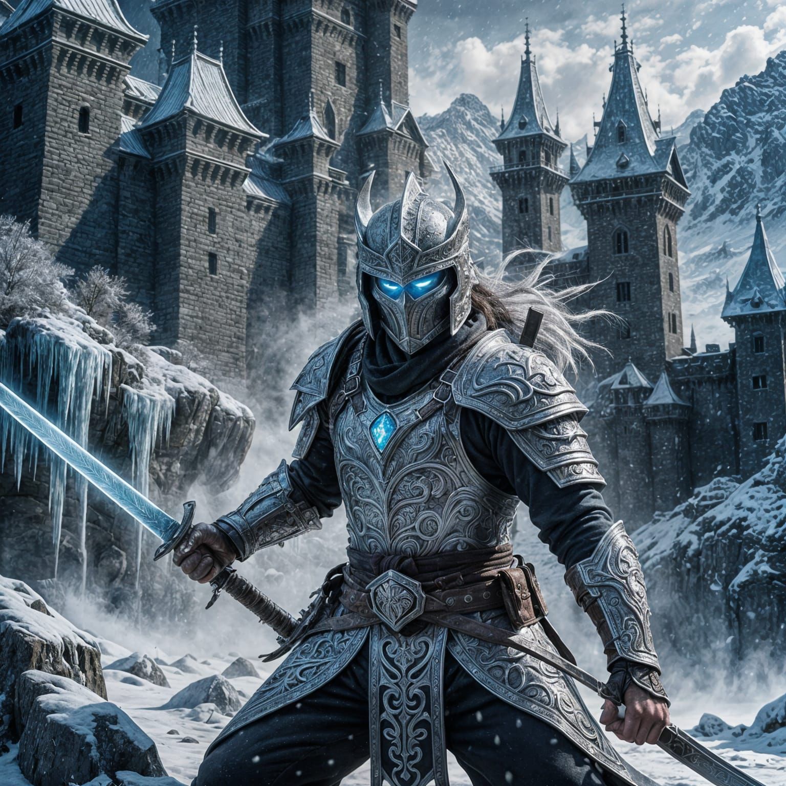 Icy Warrior with Swords in Dark Fantasy Style
