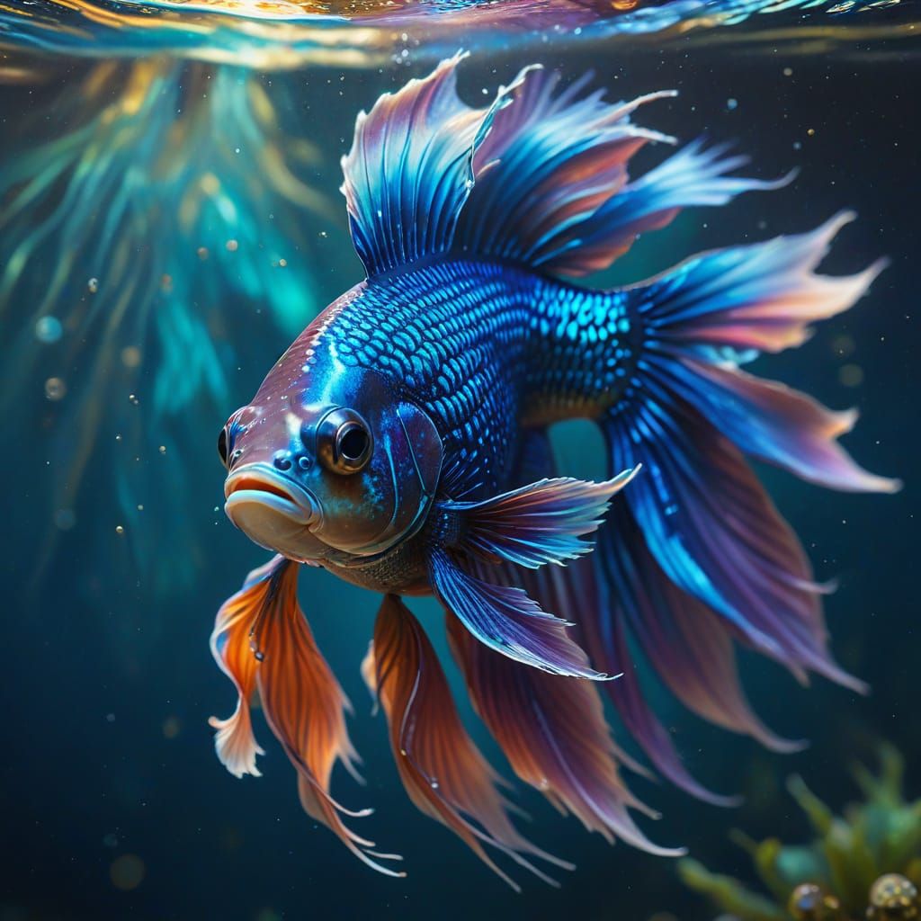 Betta Fish with Sparkling Fins in Ghibli Style